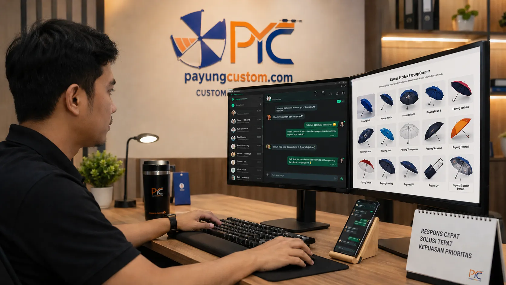 Customer service PayungCustom.com melayani konsultasi payung custom via WhatsApp dan menampilkan katalog produk