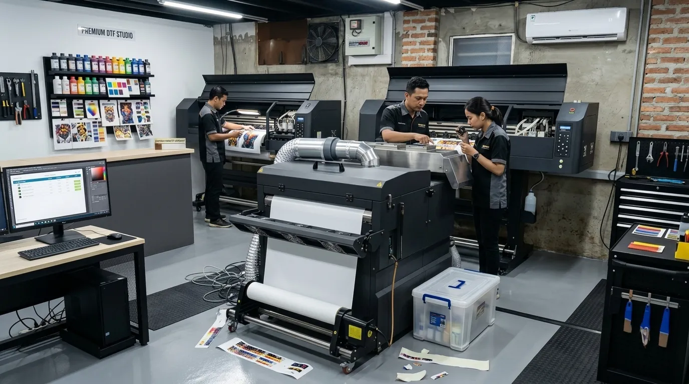 Mesin DTF printing mencetak desain di transfer film untuk payung custom