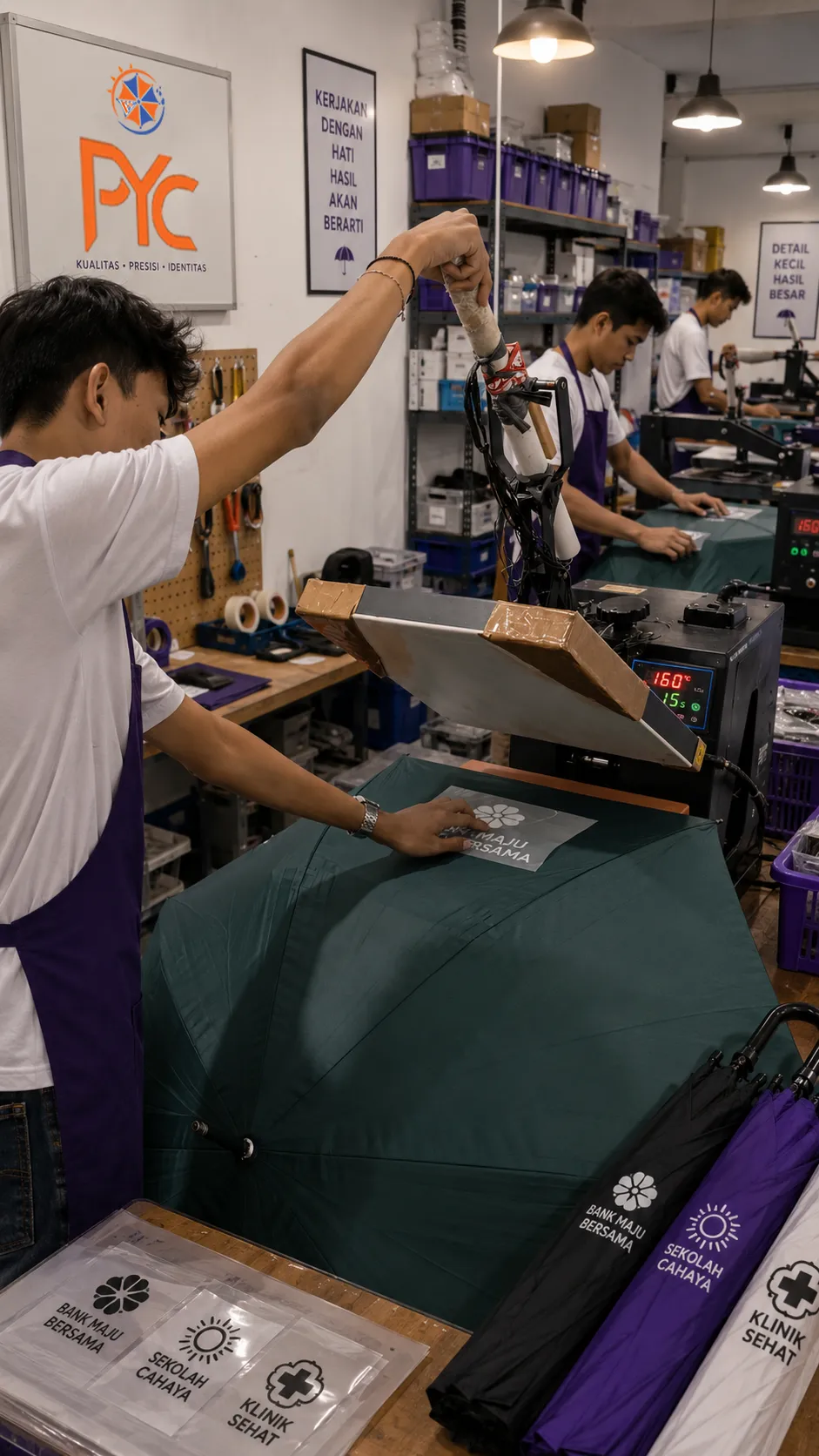Proses heat press transfer DTF ke payung custom di workshop PayungCustom.com, suhu press 140°C