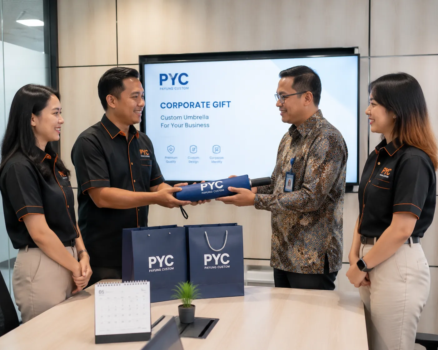 Penyerahan payung custom sebagai corporate gift kepada klien di ruang meeting kantor