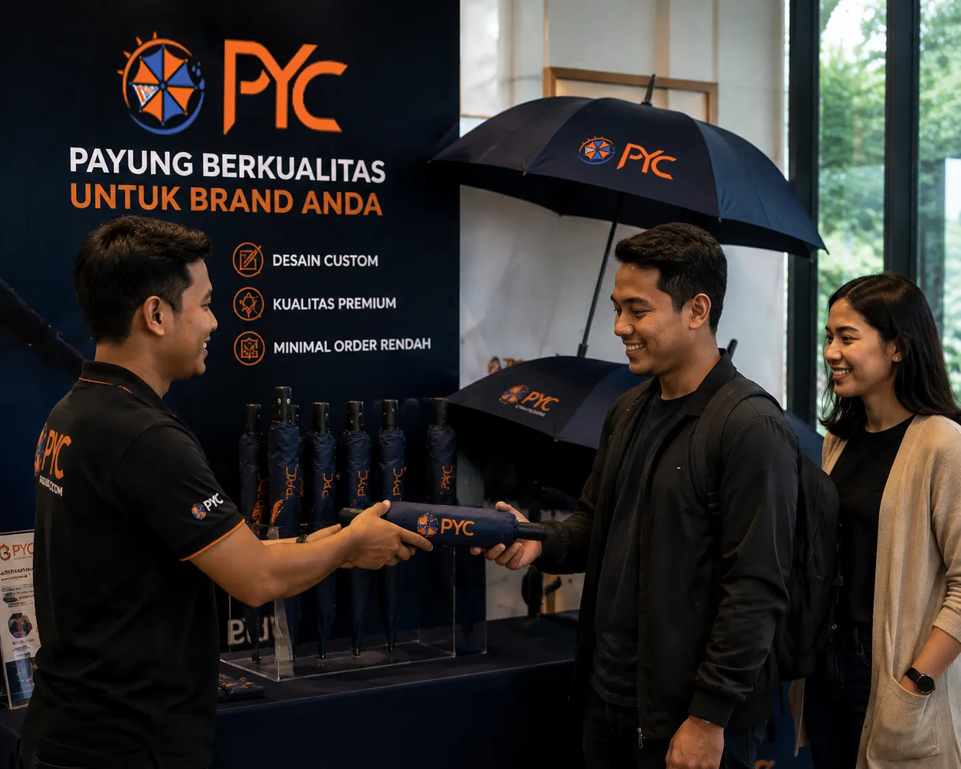 Penyerahan payung custom sebagai corporate gift kepada klien di ruang meeting kantor