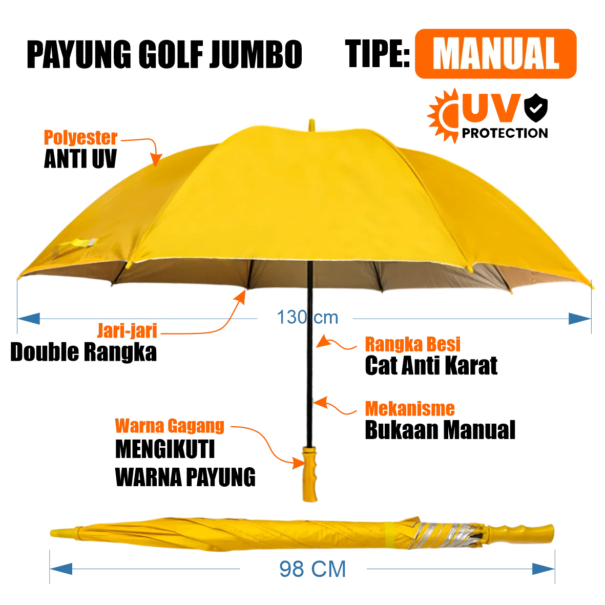 Payung golf jumbo manual custom diameter 130 cm bahan polyester anti UV dengan rangka besi anti karat