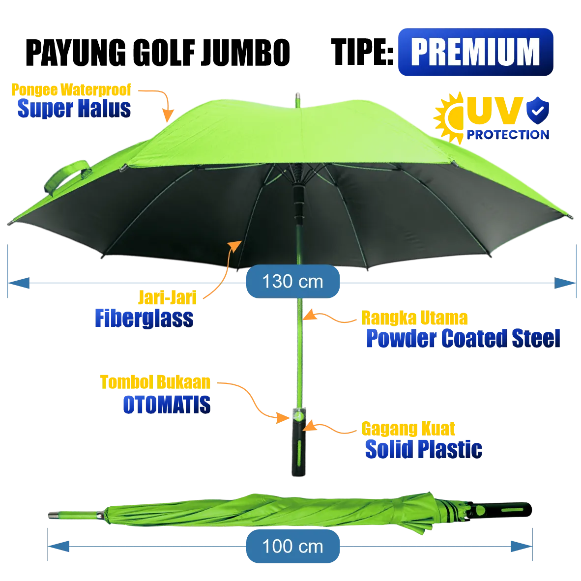 Payung golf jumbo manual custom diameter 130 cm bahan polyester anti UV dengan rangka besi anti karat