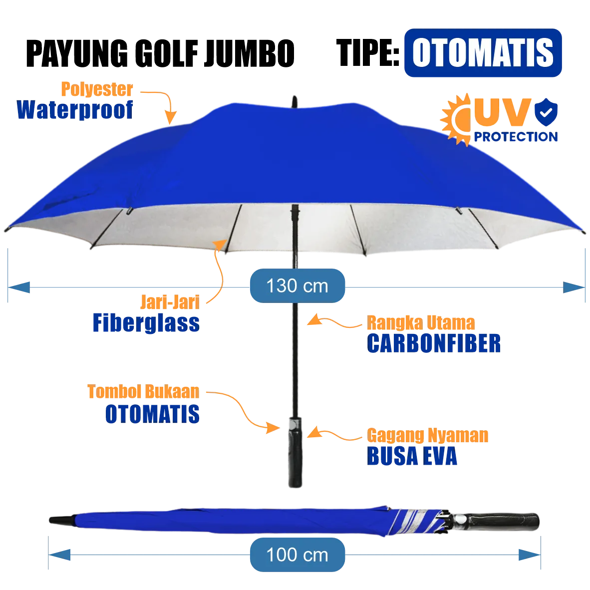 Payung golf jumbo manual custom diameter 130 cm bahan polyester anti UV dengan rangka besi anti karat