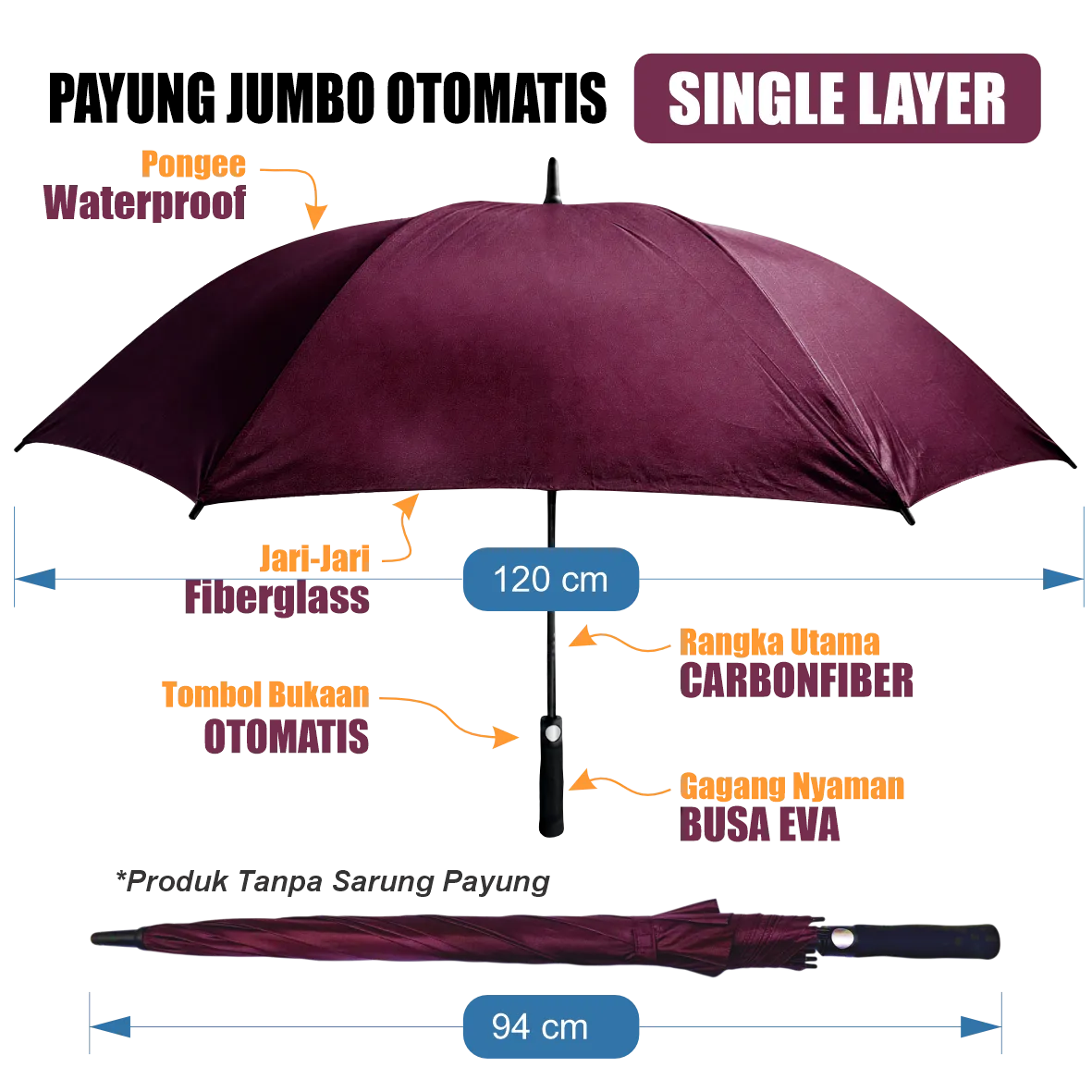 Payung golf jumbo manual custom diameter 130 cm bahan polyester anti UV dengan rangka besi anti karat