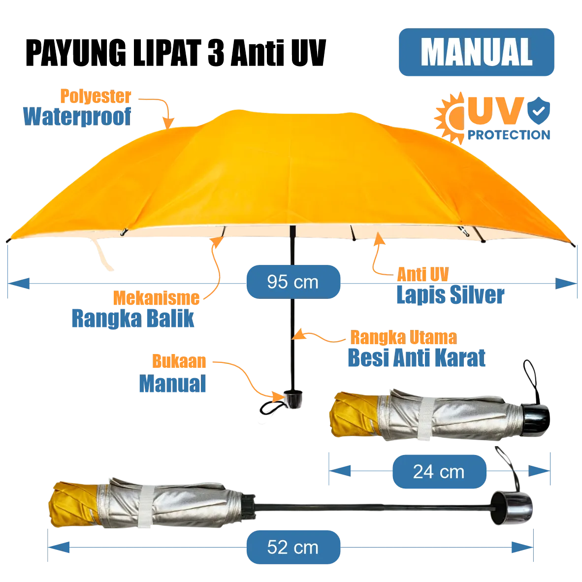 Payung golf jumbo manual custom diameter 130 cm bahan polyester anti UV dengan rangka besi anti karat