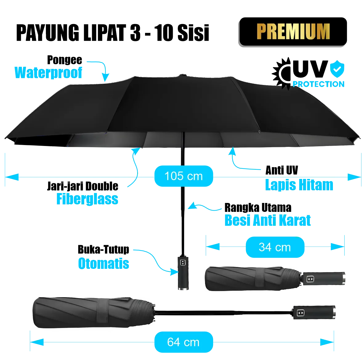 Payung golf jumbo manual custom diameter 130 cm bahan polyester anti UV dengan rangka besi anti karat