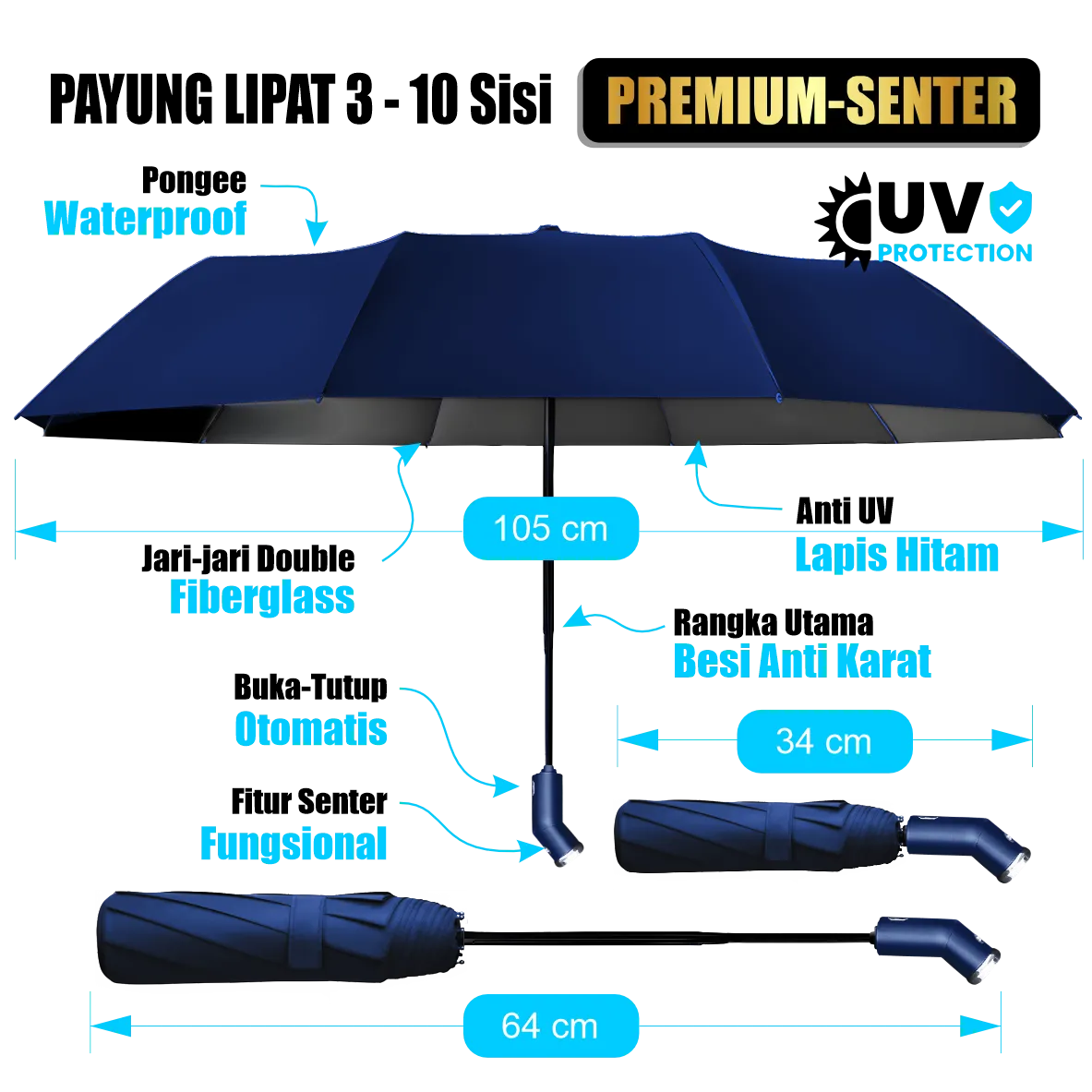 Payung golf jumbo manual custom diameter 130 cm bahan polyester anti UV dengan rangka besi anti karat