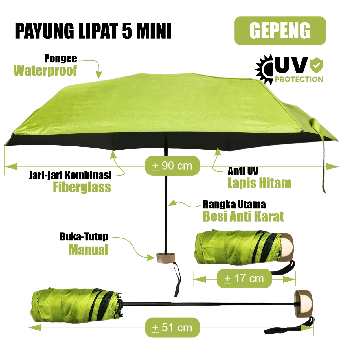 Payung golf jumbo manual custom diameter 130 cm bahan polyester anti UV dengan rangka besi anti karat