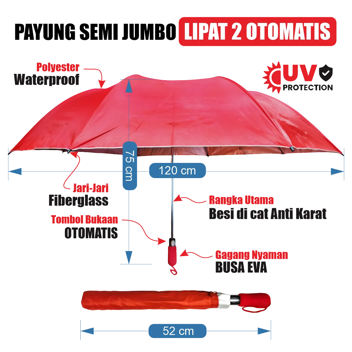 Payung golf jumbo manual custom diameter 130 cm bahan polyester anti UV dengan rangka besi anti karat