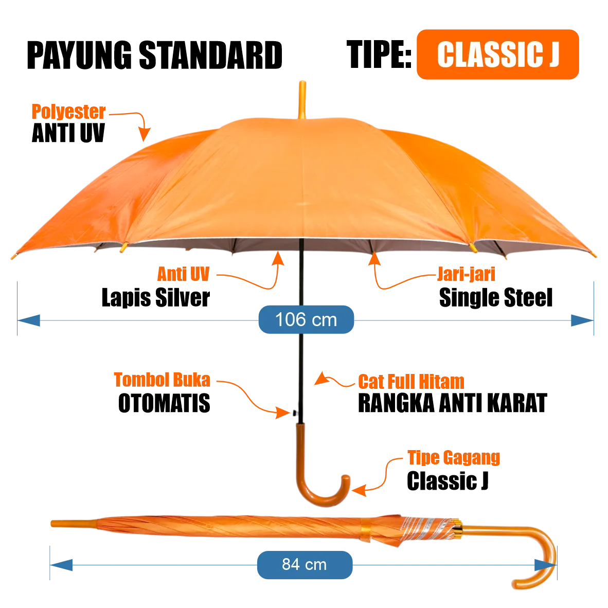 Payung golf jumbo manual custom diameter 130 cm bahan polyester anti UV dengan rangka besi anti karat
